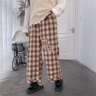 Bear Embroidered Plaid Wide Leg Pants