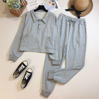 Set: Plain V-neck Top + Jogger Pants