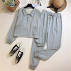 Set: Plain V-neck Top + Jogger Pants