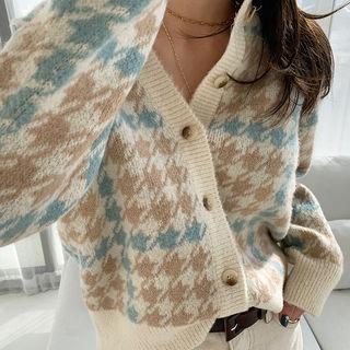 Crew-neck Houndstooth Cardigan Sky Blue - One Size
