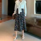 Lace Trim Tie-neck Blouse / Floral Print Midi Skirt