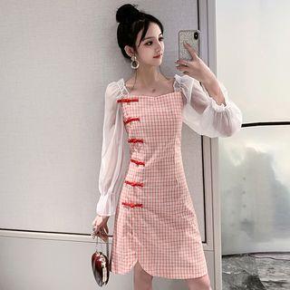 Long-sleeve Frog Buttoned Plaid Dress