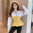 Two-tone Long-sleeve Belted Blouse / High-waist Skinny Pants / Set