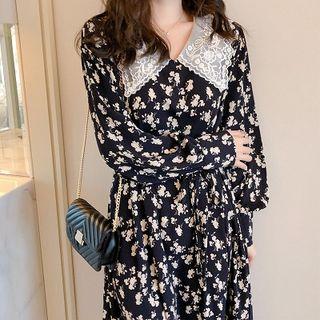 Mesh Collar Floral Print Midi A-line Chiffon Dress