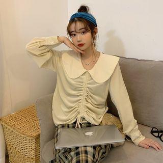 Long-sleeve Collared Drawstring Top / Midi Plaid A-line Skirt