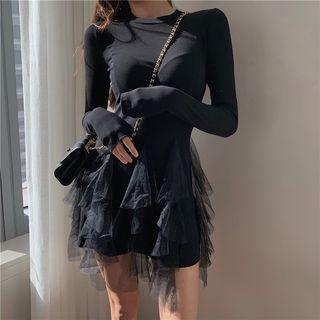 Long-sleeve Mini Mesh Layered Dress Black - One Size