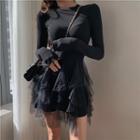 Long-sleeve Mini Mesh Layered Dress Black - One Size