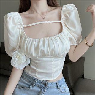 Short-sleeve Plain Top Off-white - One Size