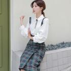 Tie-neck Shirt / Plaid Straight-fit Jumper Skirt