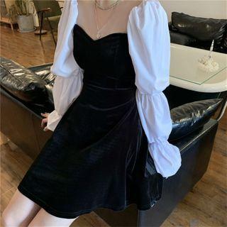 Contrast Puff Sleeve Square Neck Velvet A-line Dress