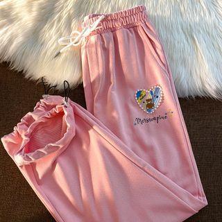Faux Pearl Cartoon Embroidered Sweatpants