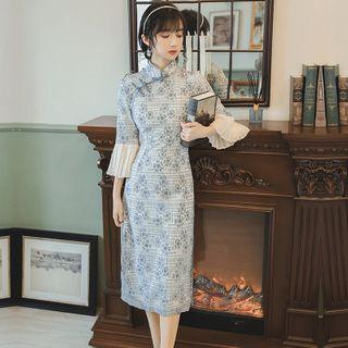3/4-sleeve Floral Print Midi Qipao Shift Dress