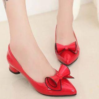 Bow-accent Pointed Faux Leather Low Heel Pumps