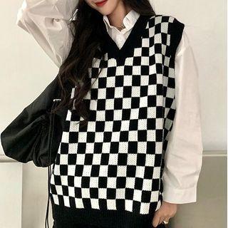 Check Knit Vest Black & White - One Size