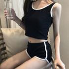 Set: Contrast Trim Crop Tank Top + Shorts Set Of 2 - Black - One Size