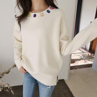 Colored-rhinestone Trim Slit-hem Sweater