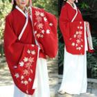 Hanfu Set: Long-sleeve Embroidered Top + Plain Top + Maxi Skirt