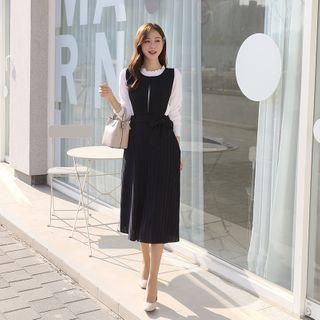 Tie-waist Crystal-pleat Long Overall Dress