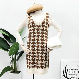 Set: Mock-neck Knit Top + Houndstooth Knit Dress
