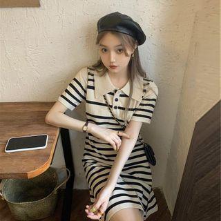 Sort-sleeve Striped A-line Polo Dress Black & White - One Size
