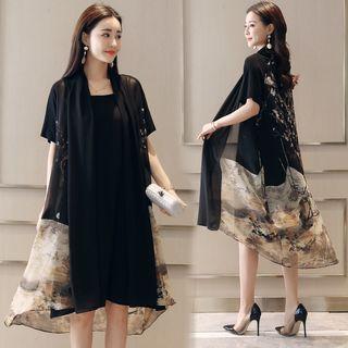 Set: Short-sleeve Printed Long Light Jacket + Spaghetti Strap Dress