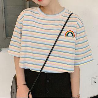 Short-sleeve Striped Rainbow Embroidered T-shirt