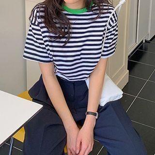 Striped Short-sleeve T-shirt / Crop Dress Pants