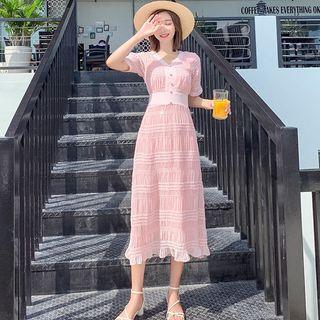Short-sleeve Textured Midi A-line Dress