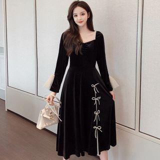 Long-sleeve Bow-accent Midi A-line Velvet Dress
