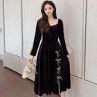 Long-sleeve Bow-accent Midi A-line Velvet Dress