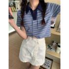 Short-sleeve Lace-up Striped Polo Shirt