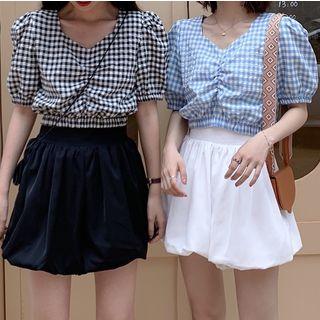 Set: Check Puff-sleeve Blouse + Plain Skort