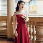 Elbow-sleeve Off-shoulder Mesh Maxi A-line Dress