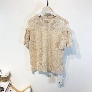 Shoulder-cutout Short-sleeve Lace Top