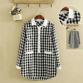 Gingham Long-sleeve Collared Dress