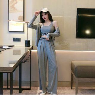Set: Light Jacket + Lettering Cropped Camisole Top + Cropped Wide-leg Pants