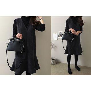 Set: Turtle-neck Top + Sleeveless Ruffle-hem Dress