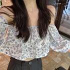 Off-shoulder Floral Cropped Blouse Purple - One Size