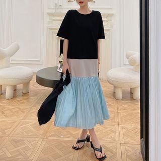 Short-sleeve Color Block Midi Smock Dress