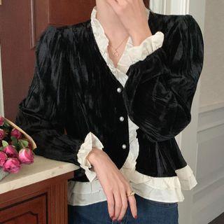 Contrast Trim Velvet Long-sleeve Top Black - One Size
