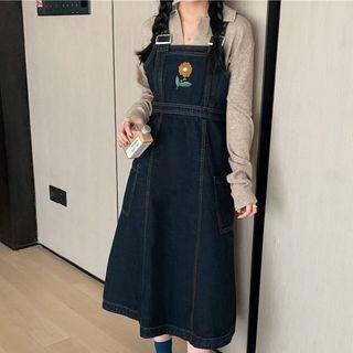 Polo-neck Sweater / Flower Embroidered Midi A-line Denim Jumper Dress