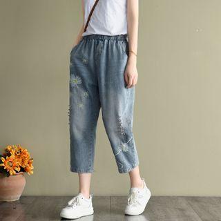 Floral Embroidered Harem Jeans Blue - One Size