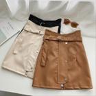 Plain Asymmetric High-waist Faux Leather Skirt With Belt