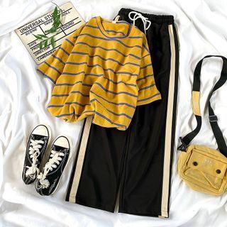 Elbow-sleeve Striped T-shirt / Wide-leg Pants