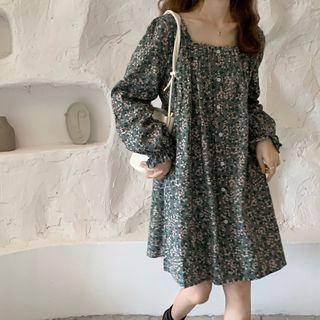 Square-neck Floral Printed Single-breasted Dress
