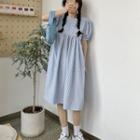 Plaid Puff-sleeve A-line Dress Blue - One Size