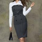 Mock Two-piece Buttoned Long-sleeve Sheath Dress