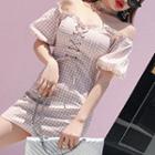 Short-sleeve Off Shoulder Plaid Mini Sheath Dress