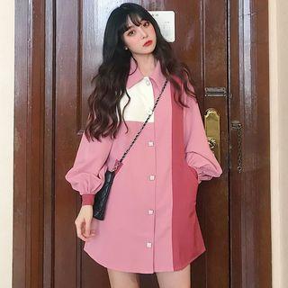 Color Block Lantern-sleeve Mini Shirtdress Pink - One Size