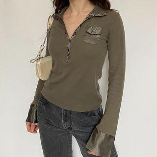 Bell Sleeve Collar V-neck Plain T-shirt